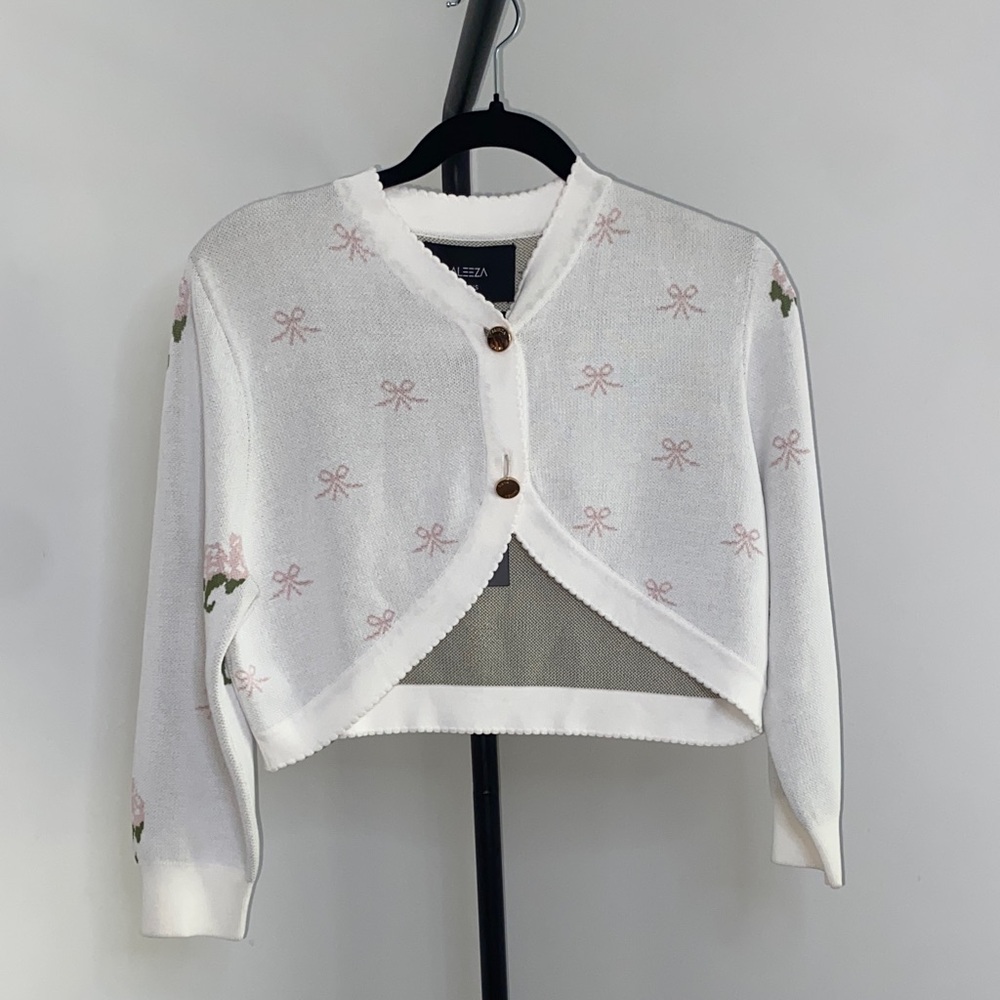 Elegant White and Pink Cardigan Sweater